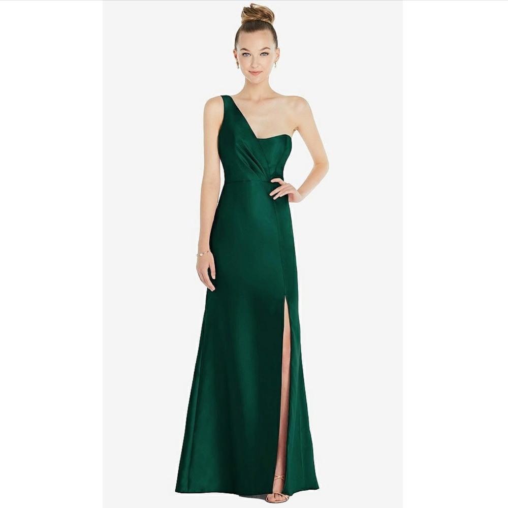 Alfred Sung: DRAPED ONE-SHOULDER SATIN TRUMPET GOWN WITH FRONT SLIT (NWT)